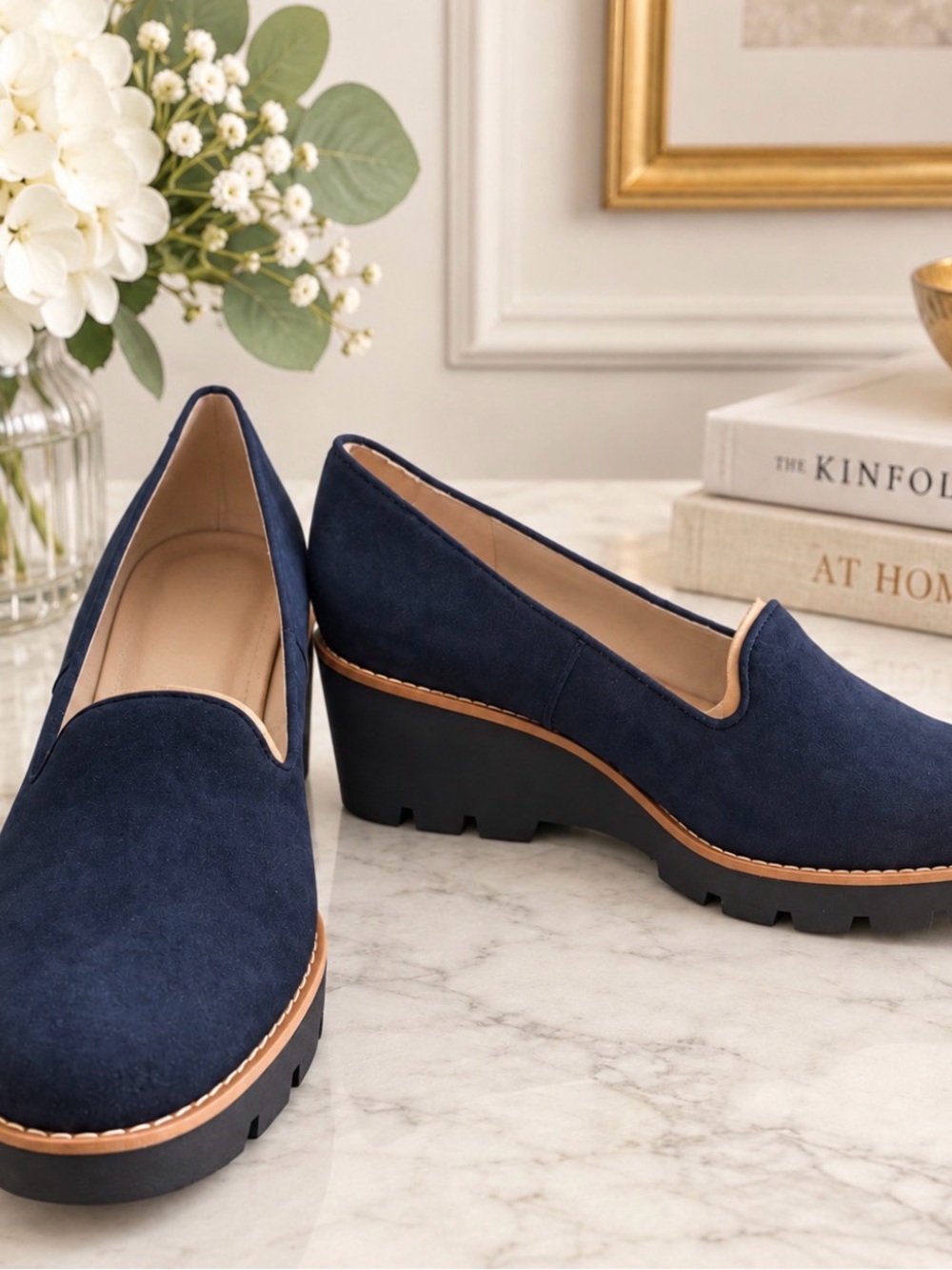 Vionic Navy Suede Platform Clogs with Lug Sole